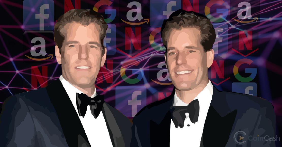 Winklevoss testvérek clipartja a FANG cégek logó előtt.